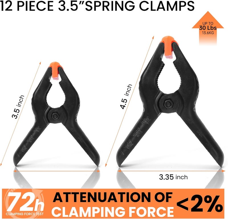 ECY Spring Clamps Heavy Duty 3.5 Inch 12 Pack - Plastic Rust Proof Clamps with Non-Slip Pads for Backdrop, Crafts, Woodworking, Photography | Multipurpose Holders for Tarps, Pool Covers & Gluing - Image 2